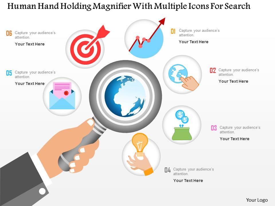 0115 human hand holding magnifier with multiple icons for data search powerpoint template Slide01