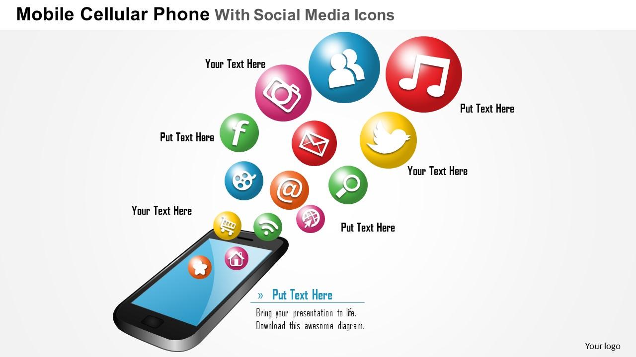 0914 mobile cellular phone with social media icons bubbling up ppt slide Slide01