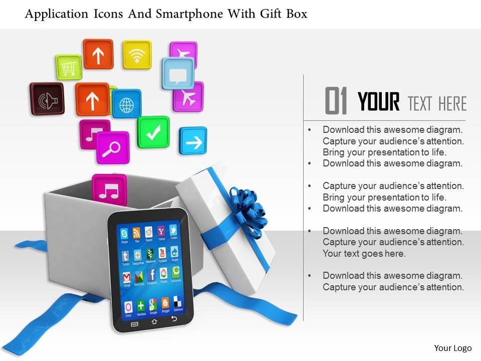1014 application icons and smartphone with gift box image graphics for powerpoint Slide01
