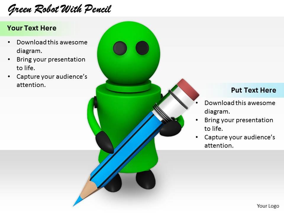 2413 green robot with pencil ppt graphics icons powerpoint Slide01