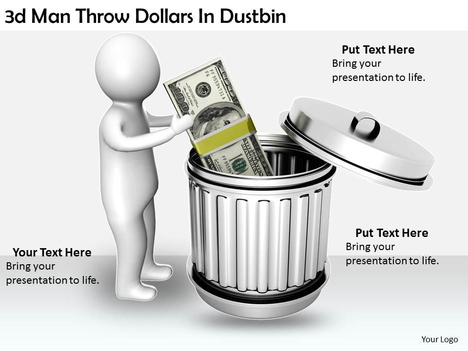 2513 3d man throw dollars in dustbin ppt graphics icons powerpoint Slide01