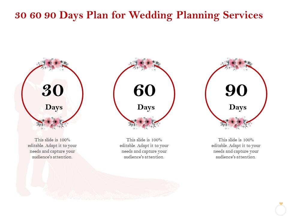 30 60 90 days plan for wedding planning services ppt icon infographics Slide01