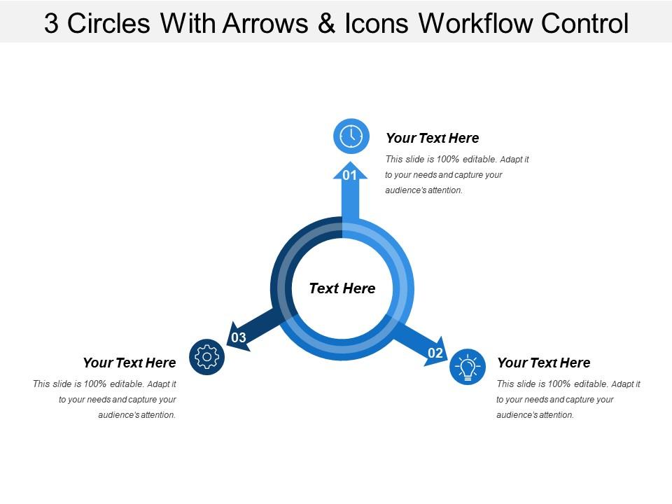 3 circles with arrows and icons workflow control Slide01