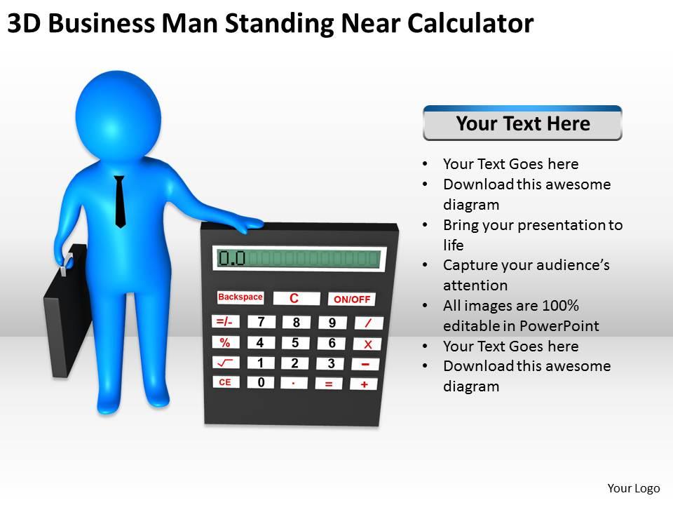 3d business man standing near calculator ppt graphics icons powerpoint Slide01