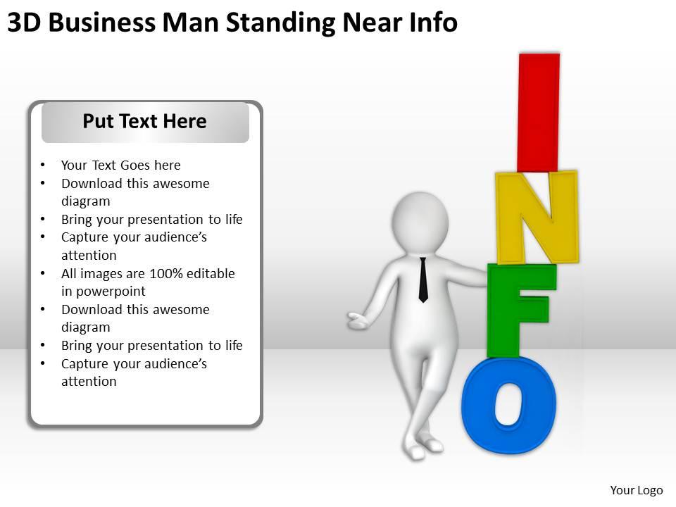 3d business man standing near info ppt graphics icons powerpoint Slide01