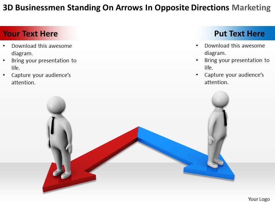 3d businessmen standing on arrows in opposite direction marketing ppt graphics icons Slide01
