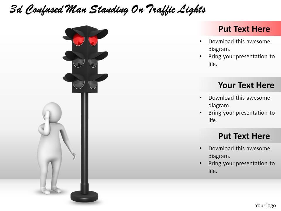 3d confused man standing on traffic lights ppt graphics icons powerpoint Slide01
