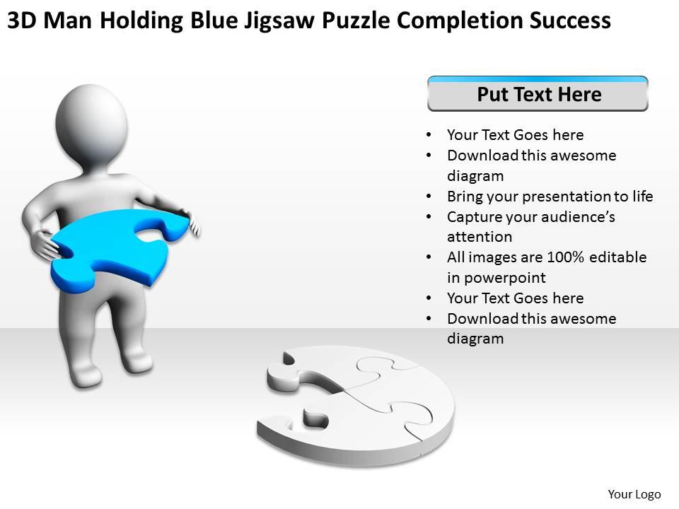 3d man holding blue jigsaw puzzle completion success ppt graphics icons Slide01