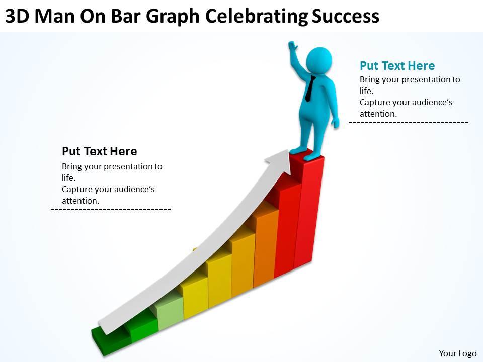 3d man on bar graph celebrating success ppt graphics icons powerpoint Slide01