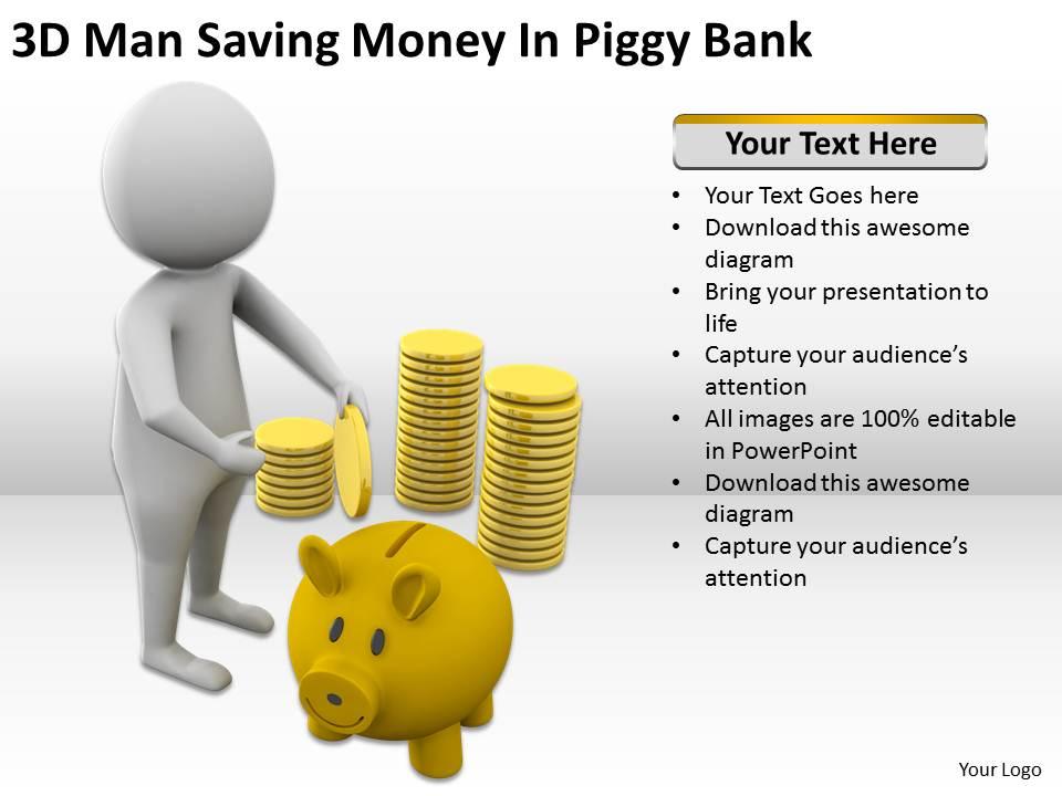 3d man saving money in piggy bank ppt graphics icons powerpoint Slide01