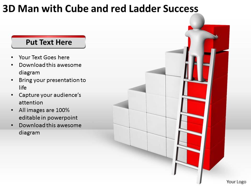 3d man with cube and red ladder success ppt graphics icons Slide01