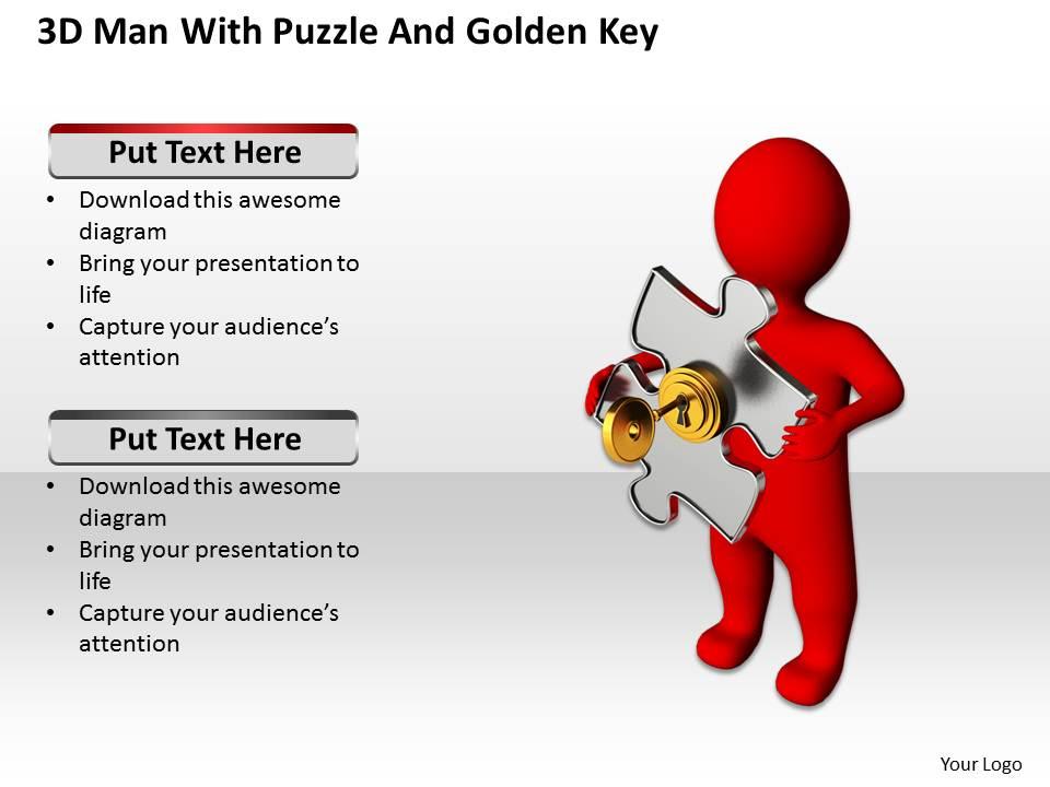 3d man with puzzle and golden key security business ppt graphics icons Slide01