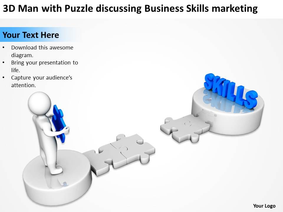 3d man with puzzle discussing business skills marketing ppt graphics icons Slide01