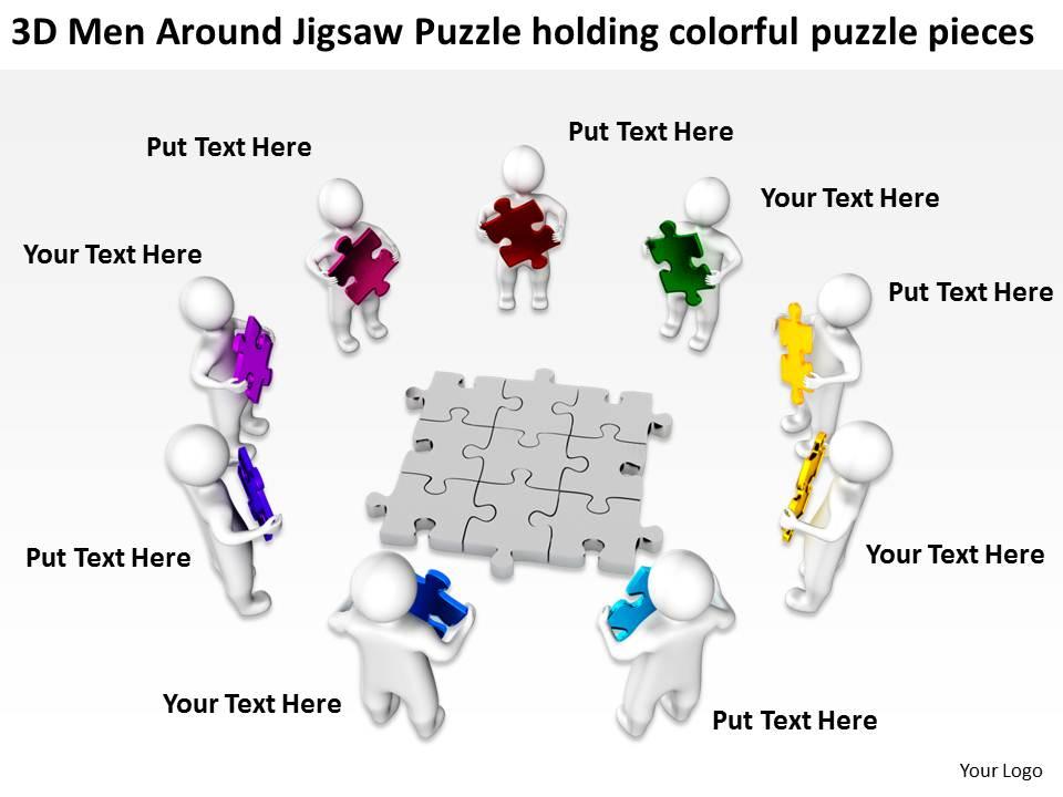 3d men around jigsaw puzzle holding colorful puzzle pieces ppt graphic icon Slide01