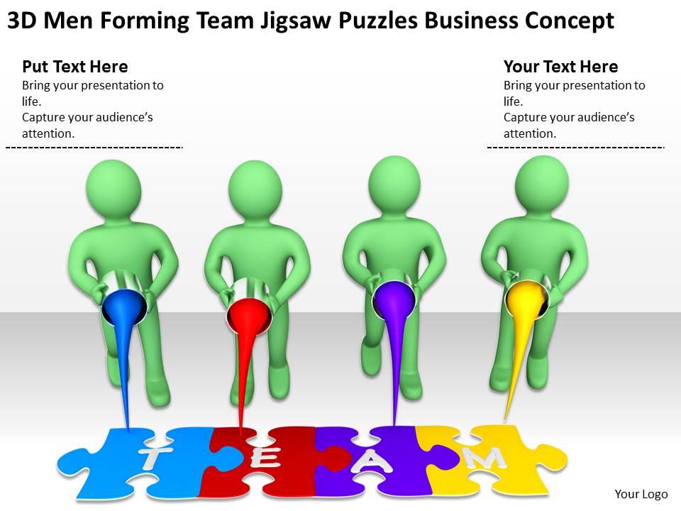 3d men forming team jigsaw puzzles business concept ppt graphics icons powerpoint Slide01