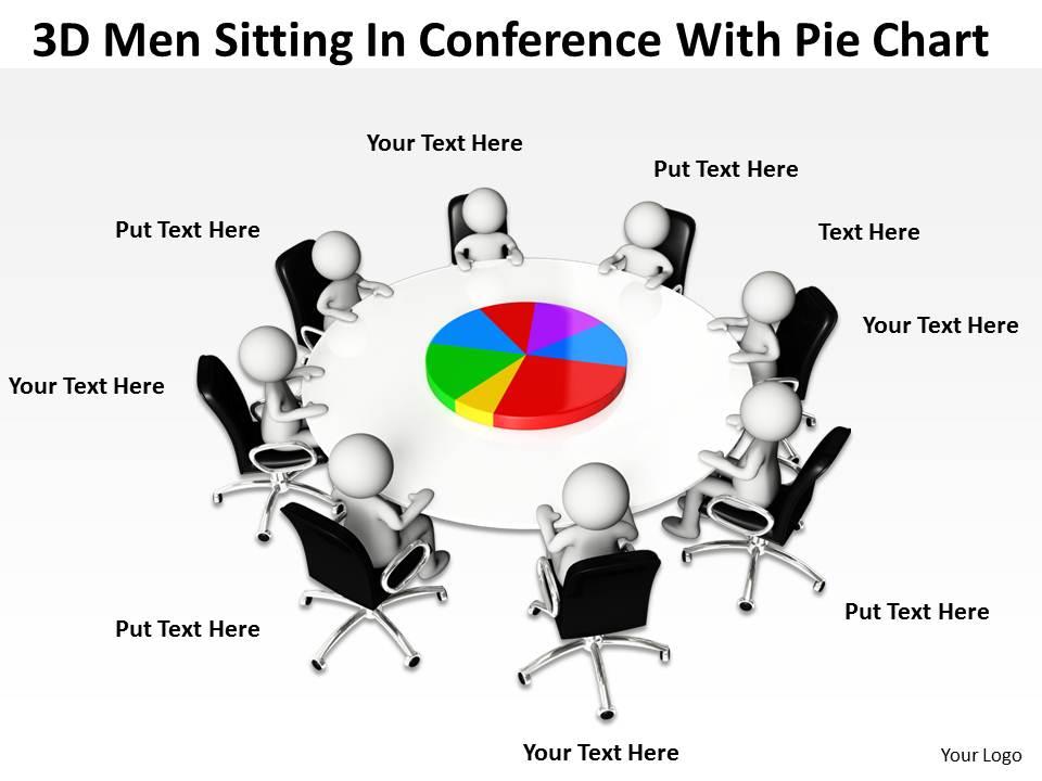 3d men sitting in conference with pie chart ppt graphics icons Slide01