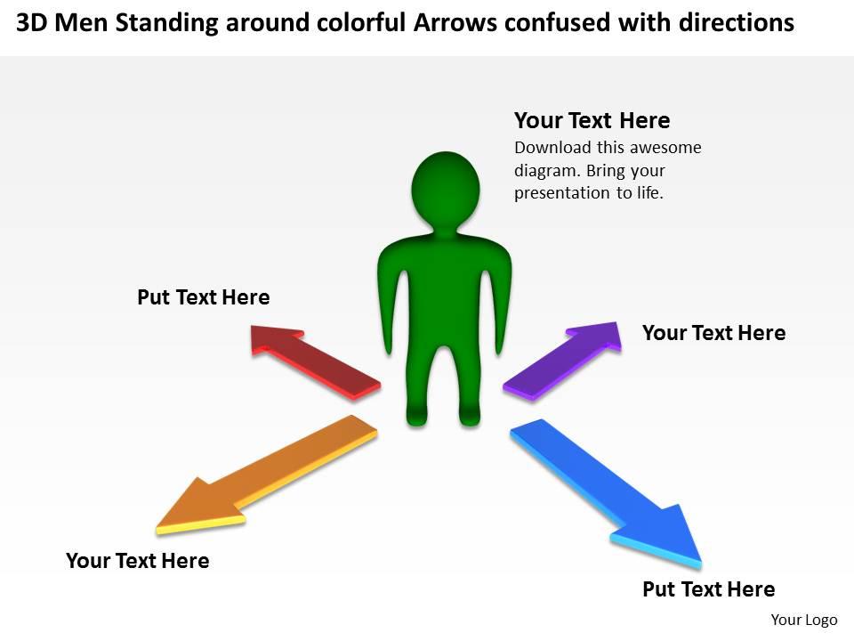 3d men standing around colorful arrows confused with directions ppt graphic icon Slide01