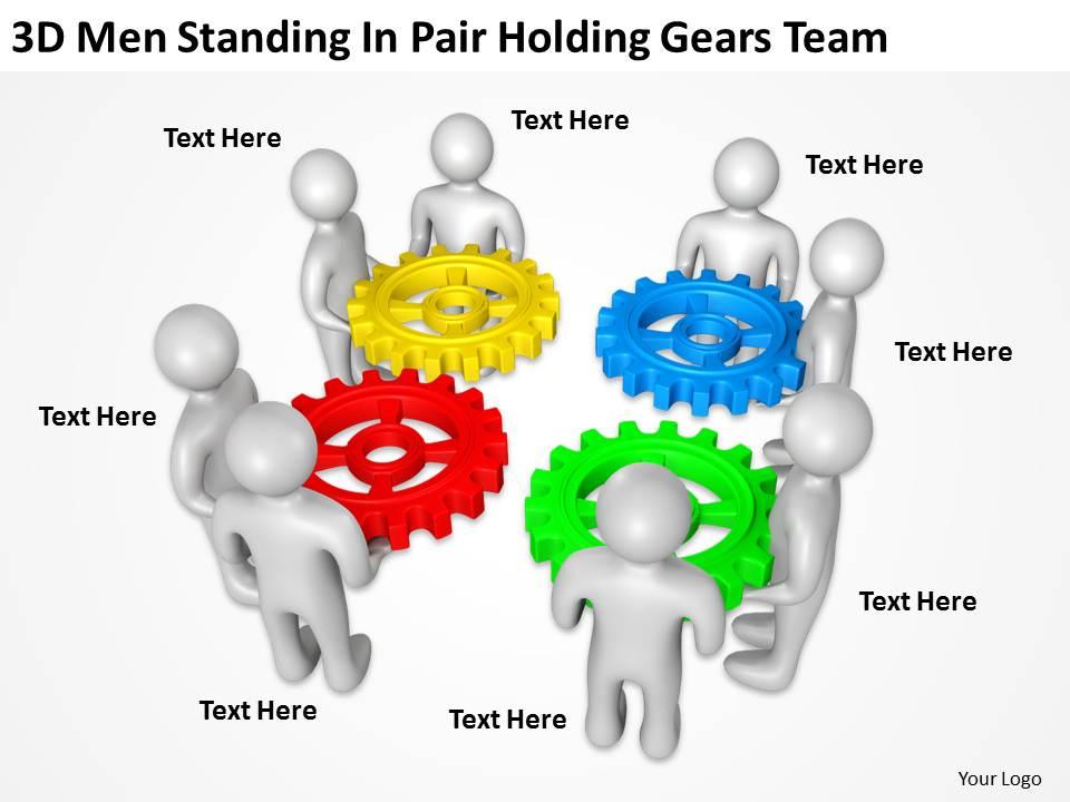 3d men standing in pair holding gears team ppt graphics icons Slide01