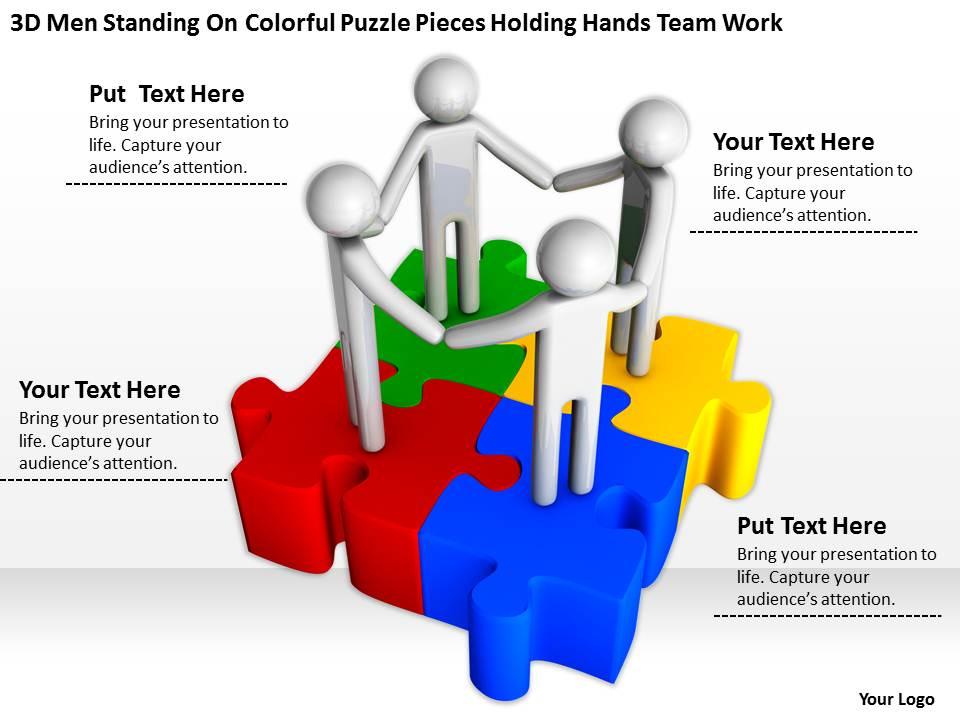 3d men standing on colorful puzzle pieces holding hands team work ppt graphics icons Slide01