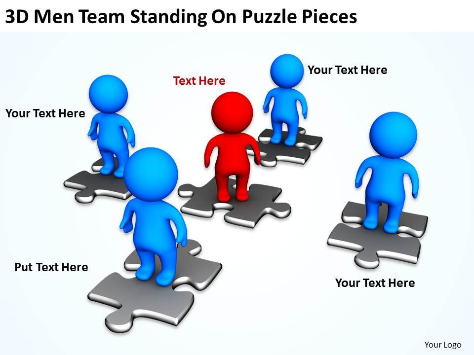 3d men team standing on puzzle pieces ppt graphics icons Slide01