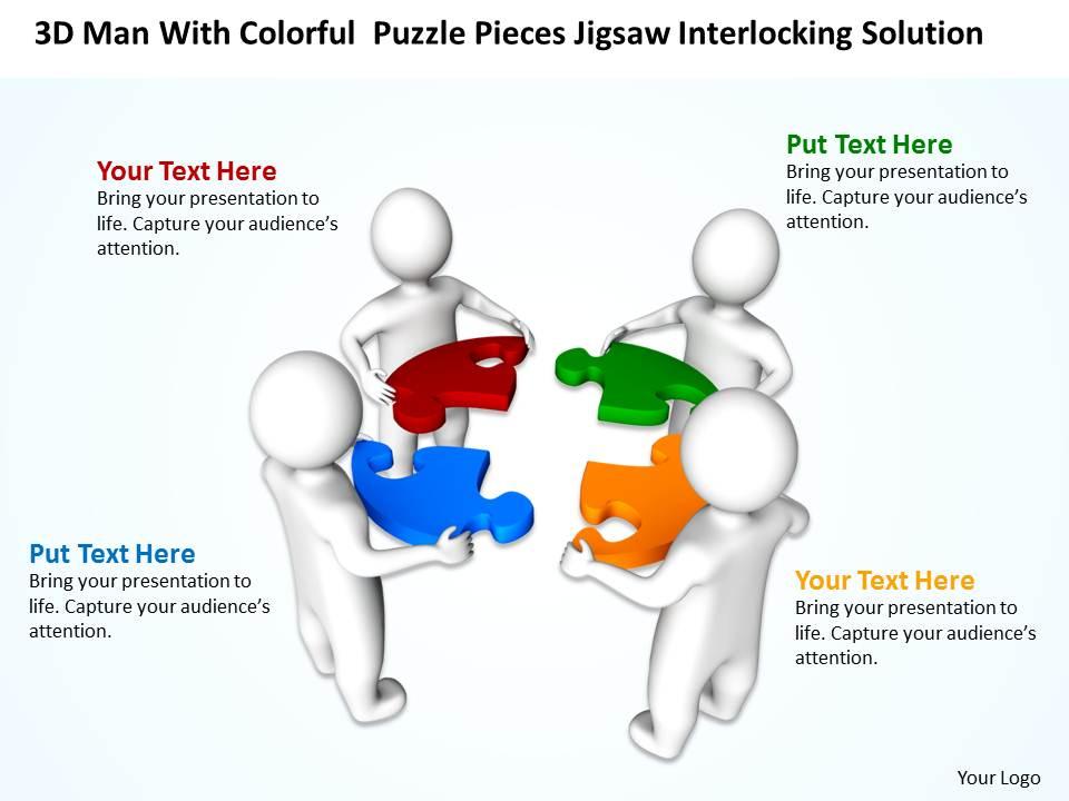 3d men with colorful puzzle pieces jigsaw interlocking solution ppt graphic icon Slide01