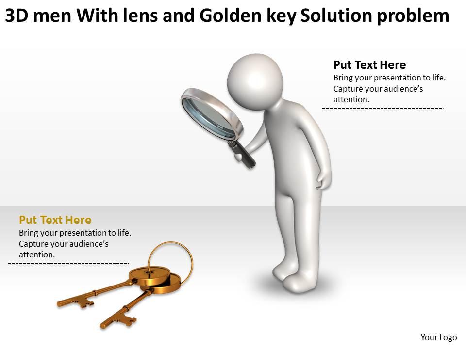 3d men with lens and golden key solution problem ppt graphic icon Slide01