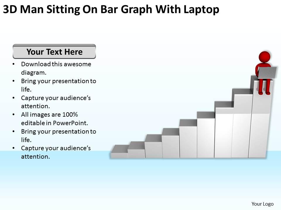 3d red man sitting on bar graph with laptop ppt graphics icons powerpoint Slide01
