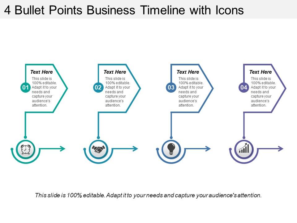 4 bullet points business timeline with icons Slide01