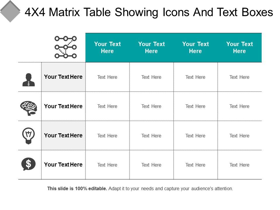 4x4 matrix table showing icons and text boxes Slide01