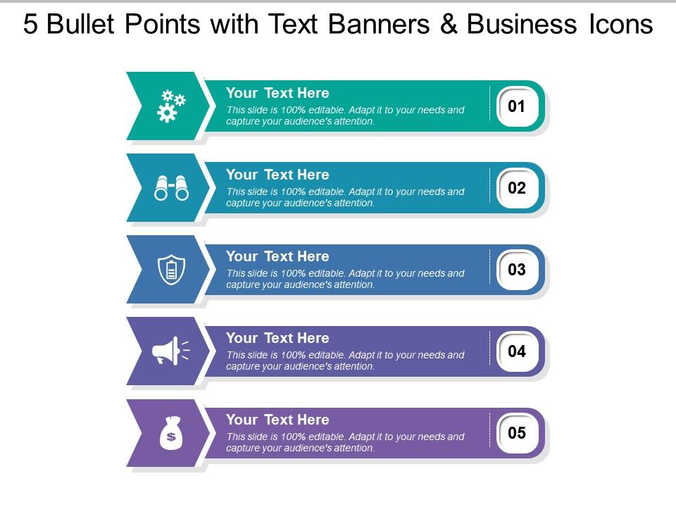 5 bullet points with text banners and business icons Slide01