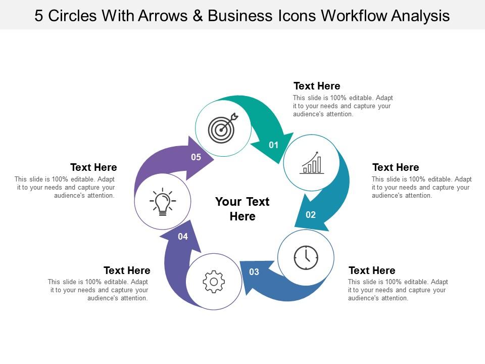 5 circles with arrows and business icons workflow analysis Slide01