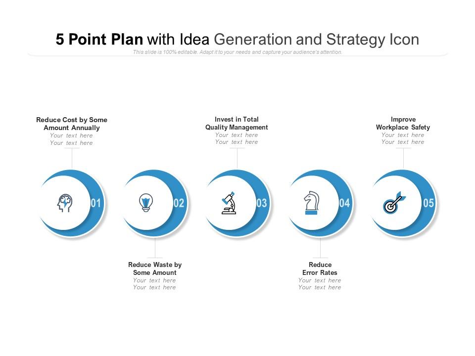 5 point plan with idea generation and strategy icon Slide01