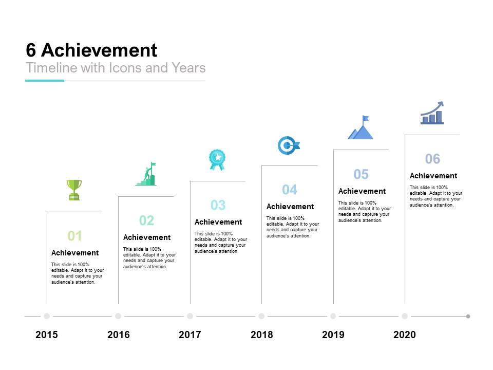 6 achievement timeline with icons and years Slide01