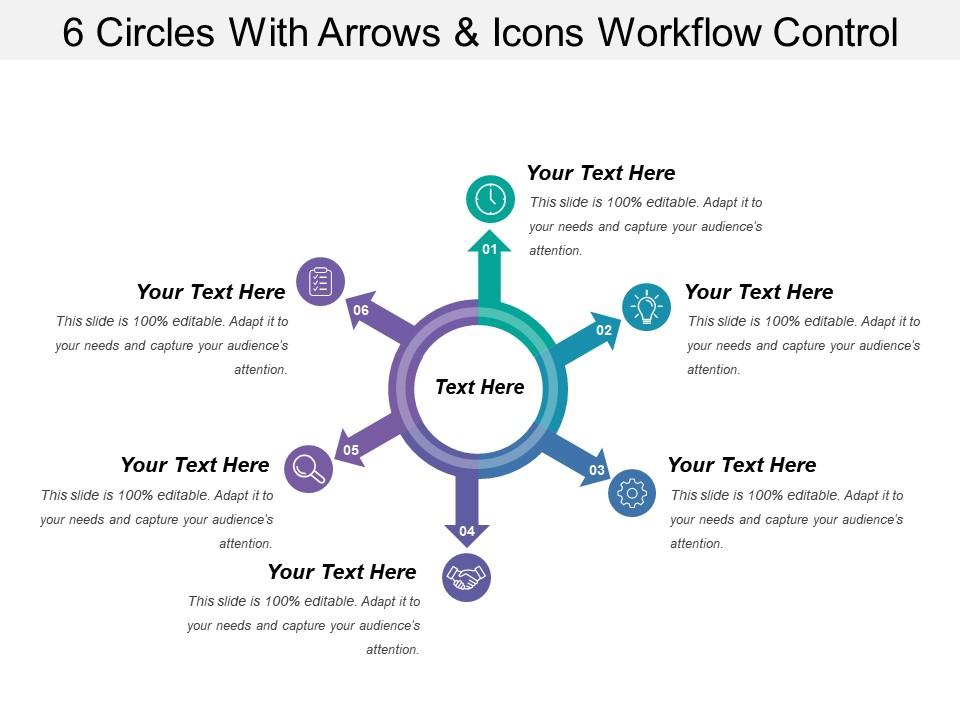 6 circles with arrows and icons workflow control Slide01
