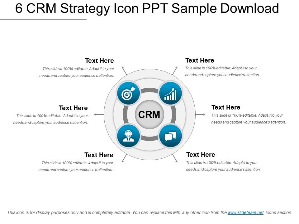 6 crm strategy icon ppt sample download Slide01