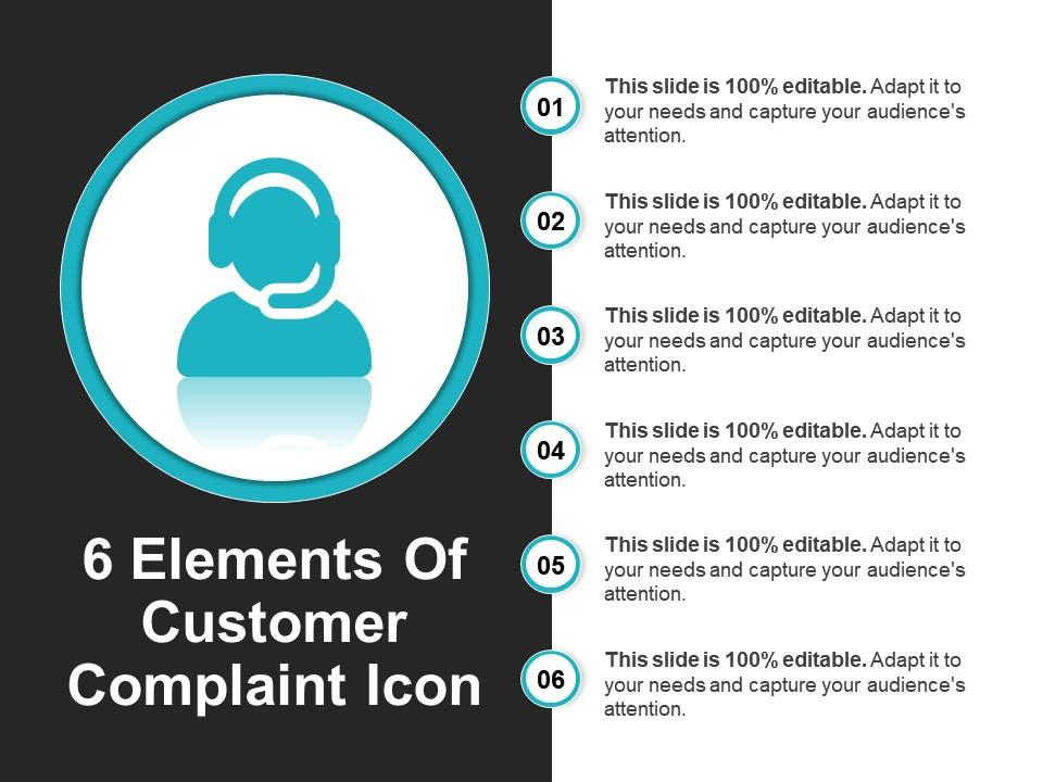 6 elements of customer complaint icon powerpoint layout Slide01