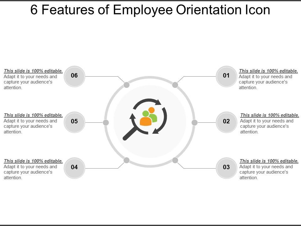 6 features of employee orientation icon ppt examples slides Slide01