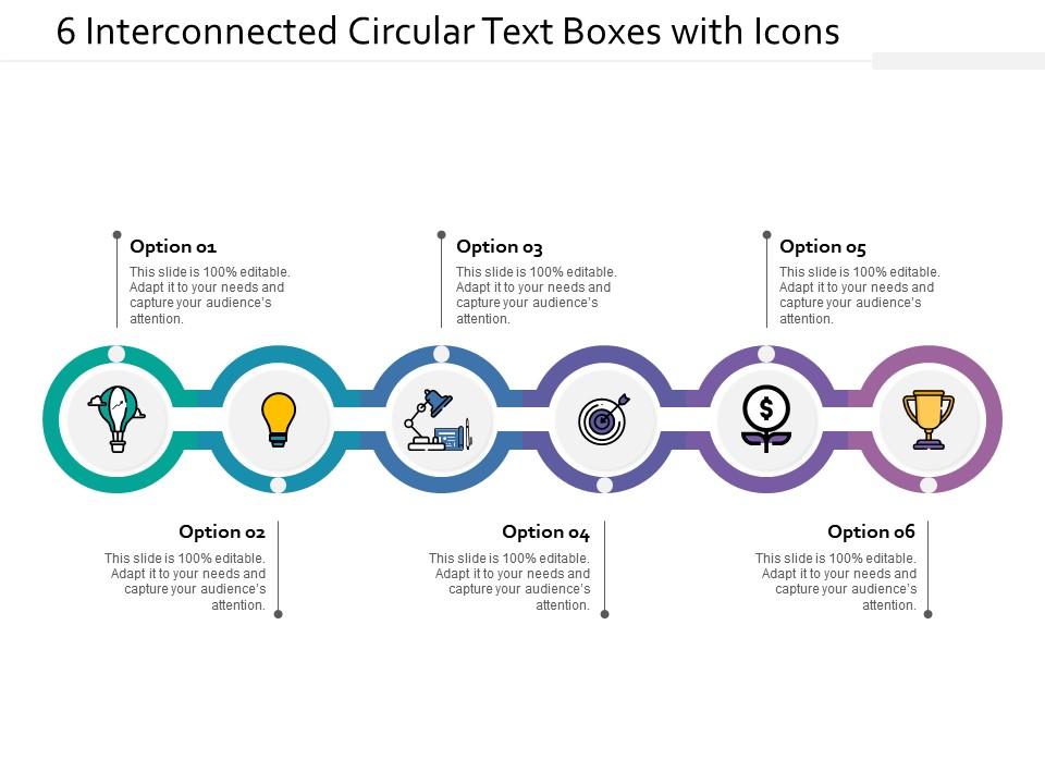 6 interconnected circular text boxes with icons Slide01
