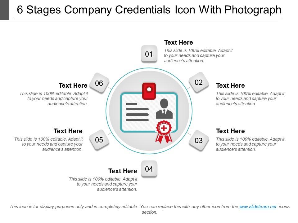 6 stages company credentials icon with photograph Slide01
