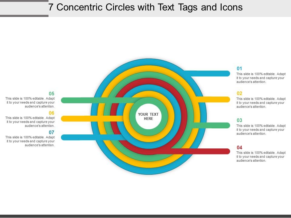 7 concentric circles with text tags and icons Slide01