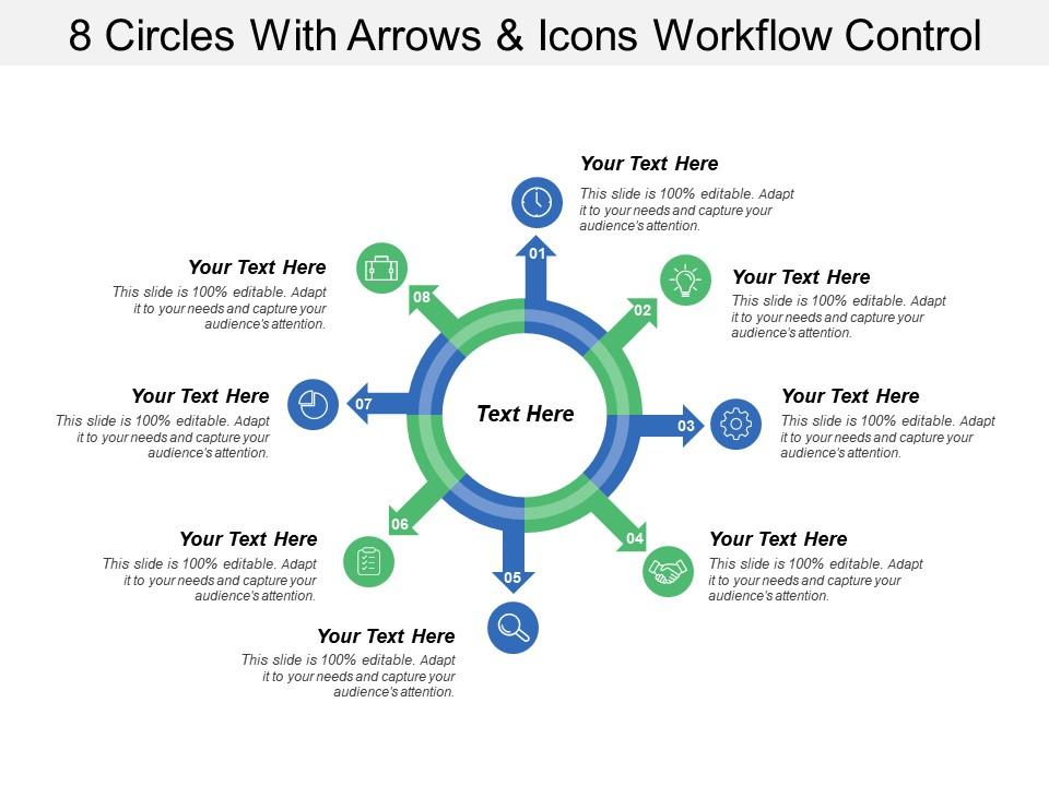 8 circles with arrows and icons workflow control Slide01
