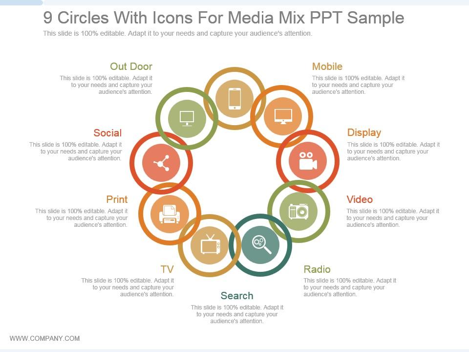 9 circles with icons for media mix ppt sample Slide01