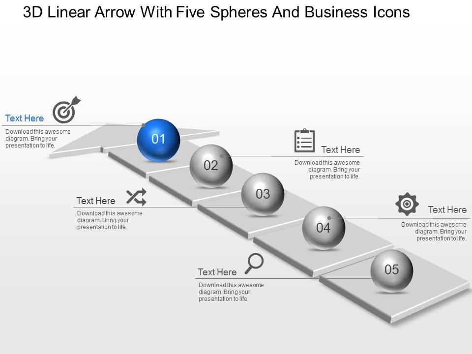Ab 3d linear arrow with five spheres and business icons powerpoint template slide Slide01