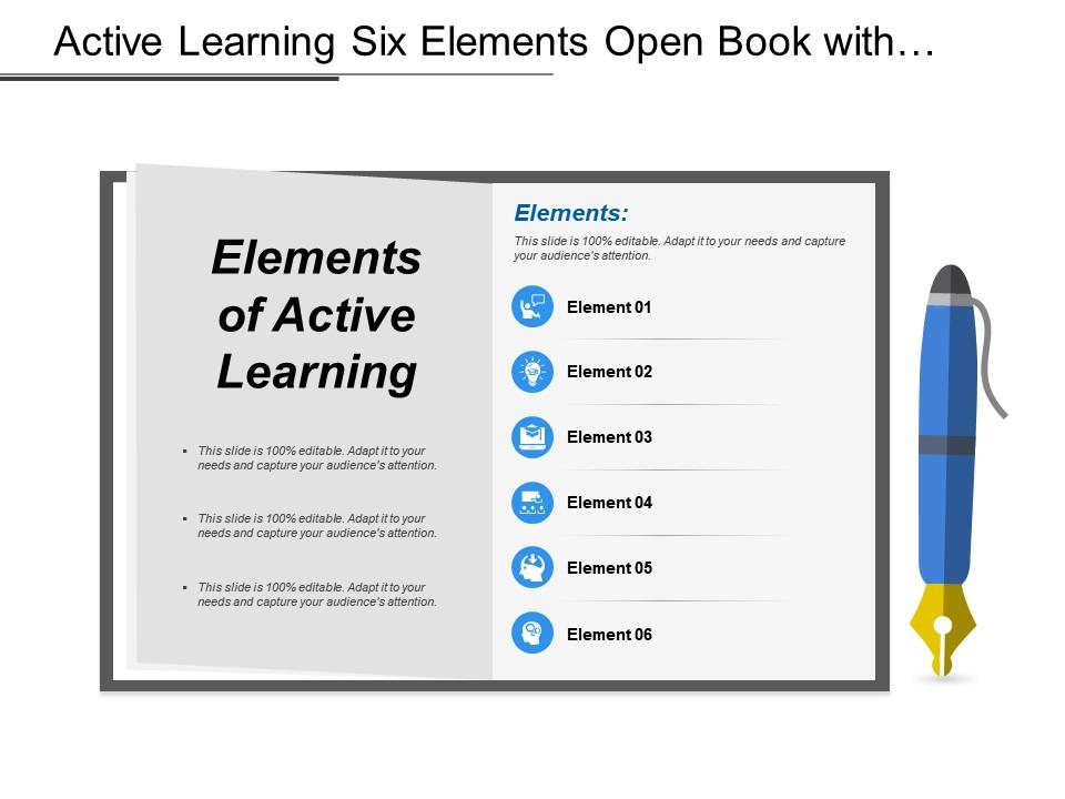 Active learning six elements open book with pen having icons Slide01
