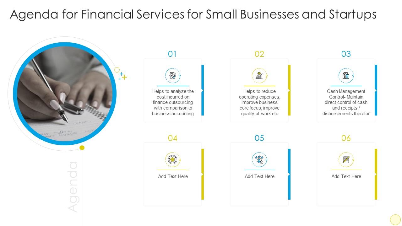 Agenda for financial services for small businesses and startups ppt slides icons Slide01