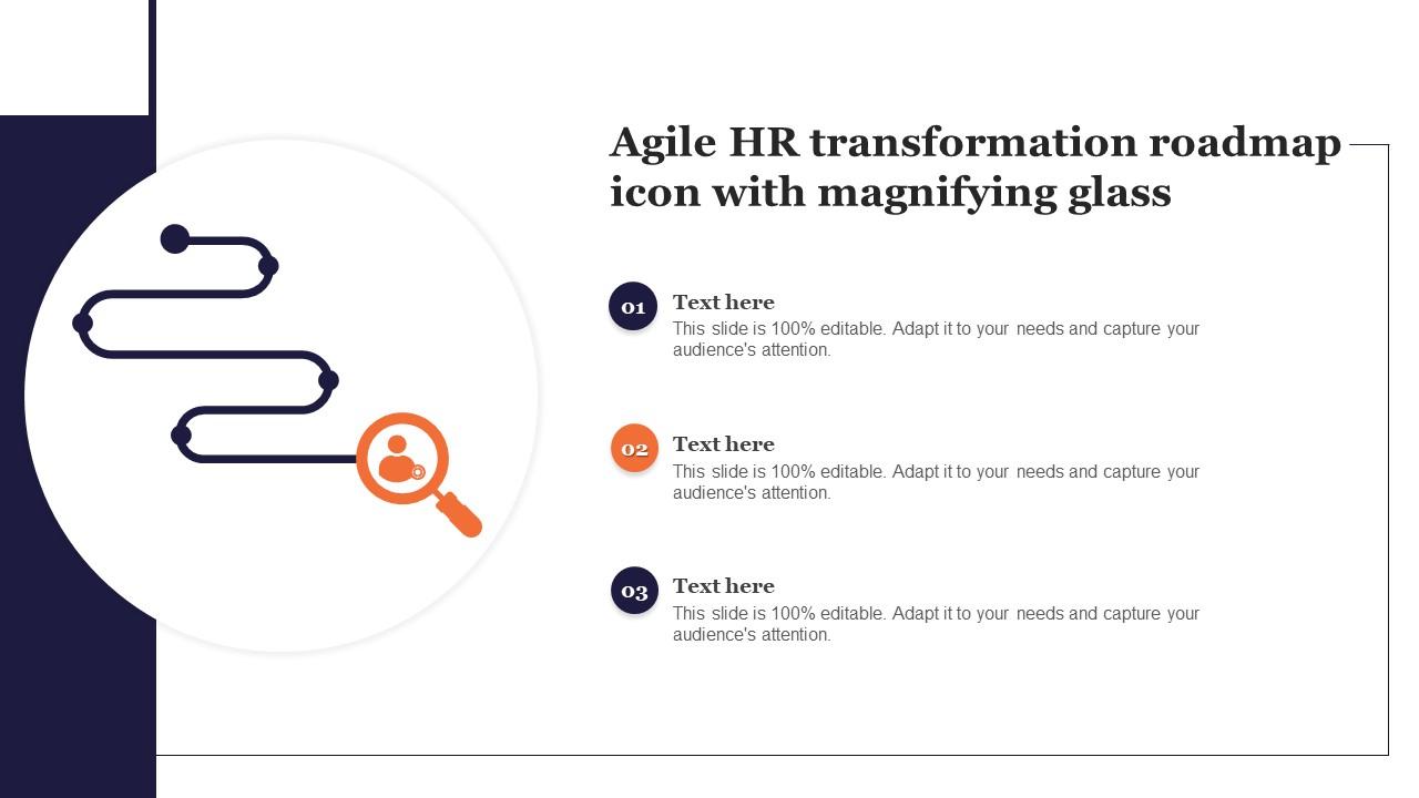 Agile HR Transformation Roadmap Icon With Magnifying Glass Slide01