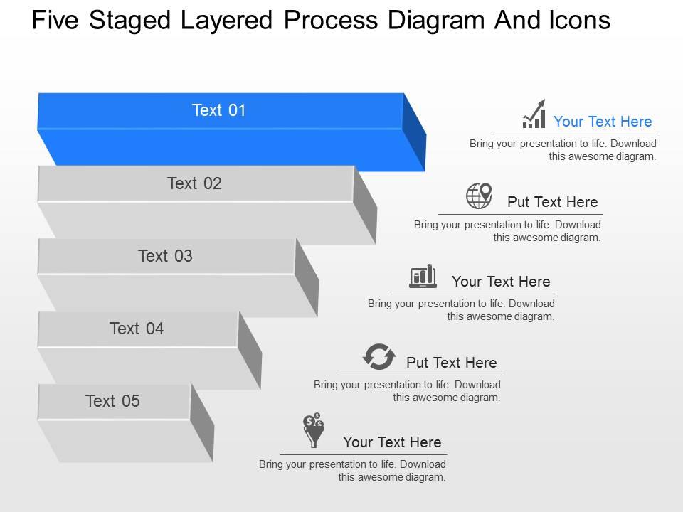 Aj five staged layered process diagram and icons powerpoint template Slide01