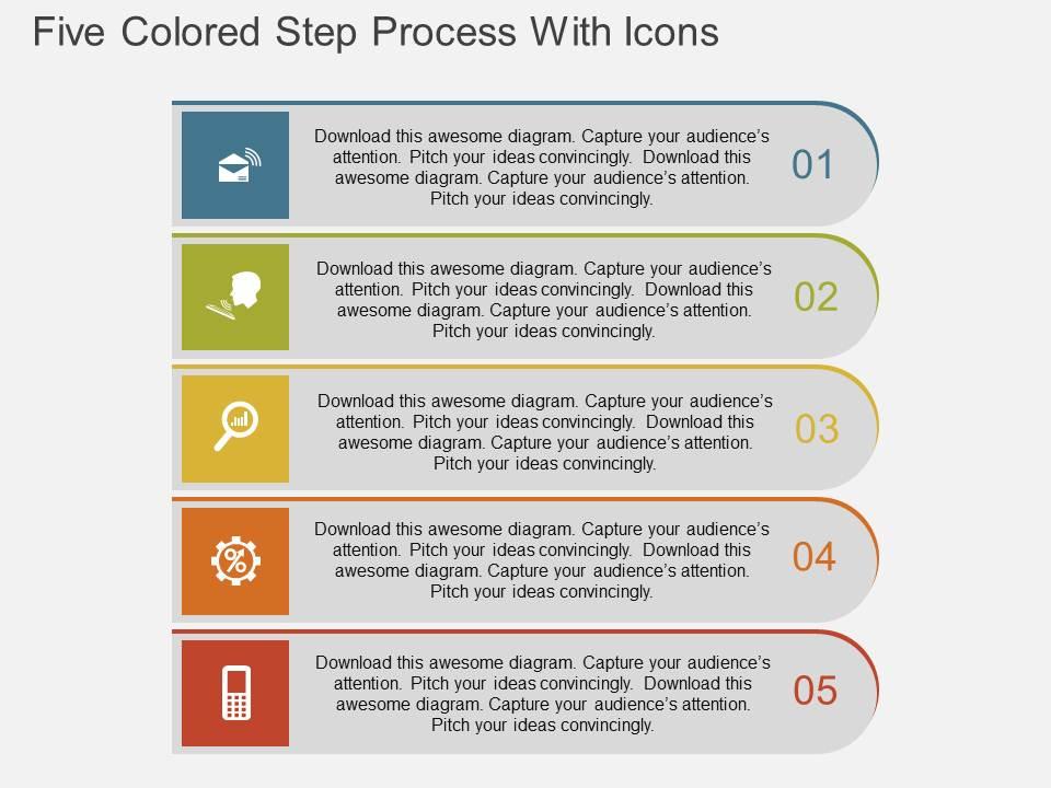 Ak five colored step process with icons flat powerpoint design Slide01