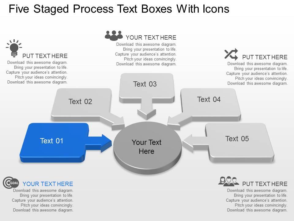 Al five staged process text boxes with icons powerpoint template Slide01