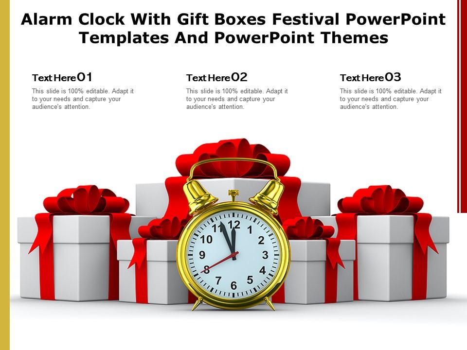 Alarm clock with gift boxes festival powerpoint templates and powerpoint themes Slide01